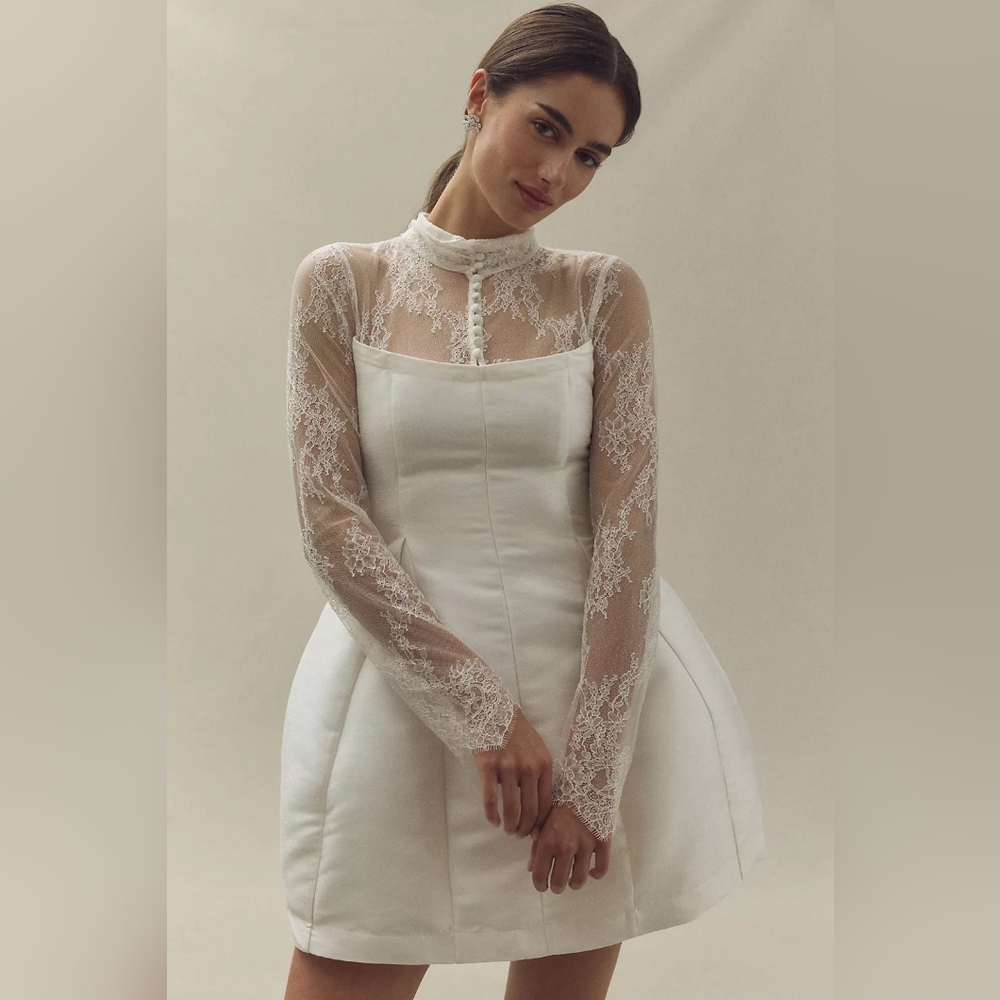 BHLDN Long-Sleeve High-Neck Lace Fit & Flare Mini Dress